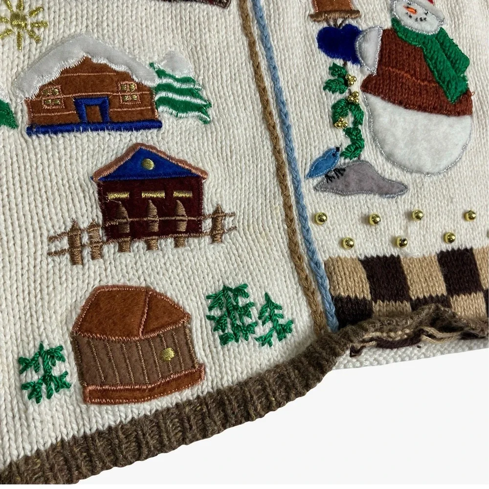 Vintage‎ Designers Originals Studio Joy Sweater Vest Womens L Cream Snowman Zip